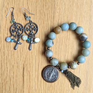 St Benedict Charm Beaded Bracelet and Cross Earring set. Really pretty. EUC.